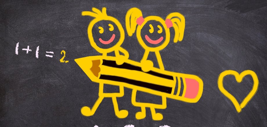 Zwei Schulkinder als Strichmännchen mit Bleistift